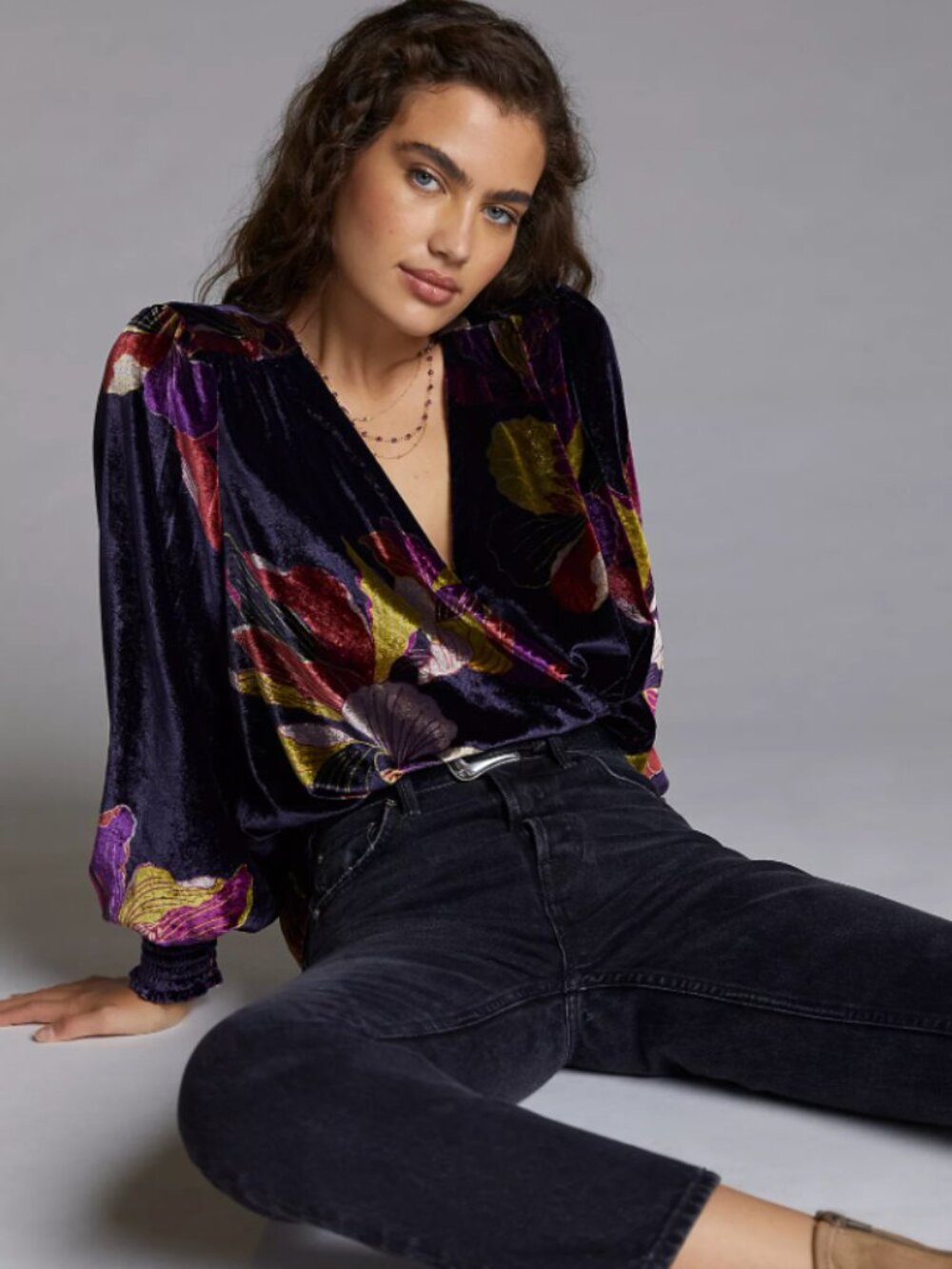 BY ANTHROPOLOGIE Surplice Velvet Blouse Dark Floral Small Romantic Whimsigoth